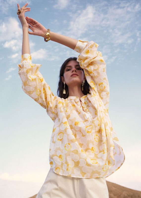 ANNIKA YELLOW PRINTED COTTON BLOUSE WITH BALOON SLEEVES