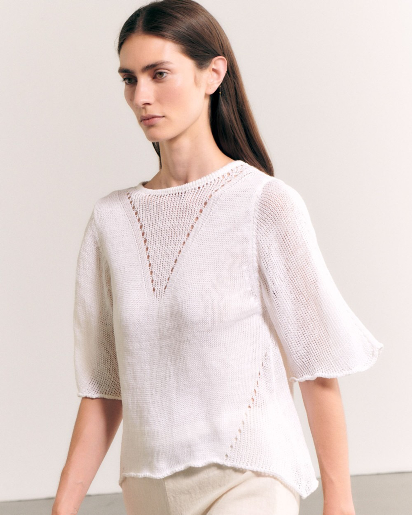 FLARED KNIT LINEN SWEATER - WHITE