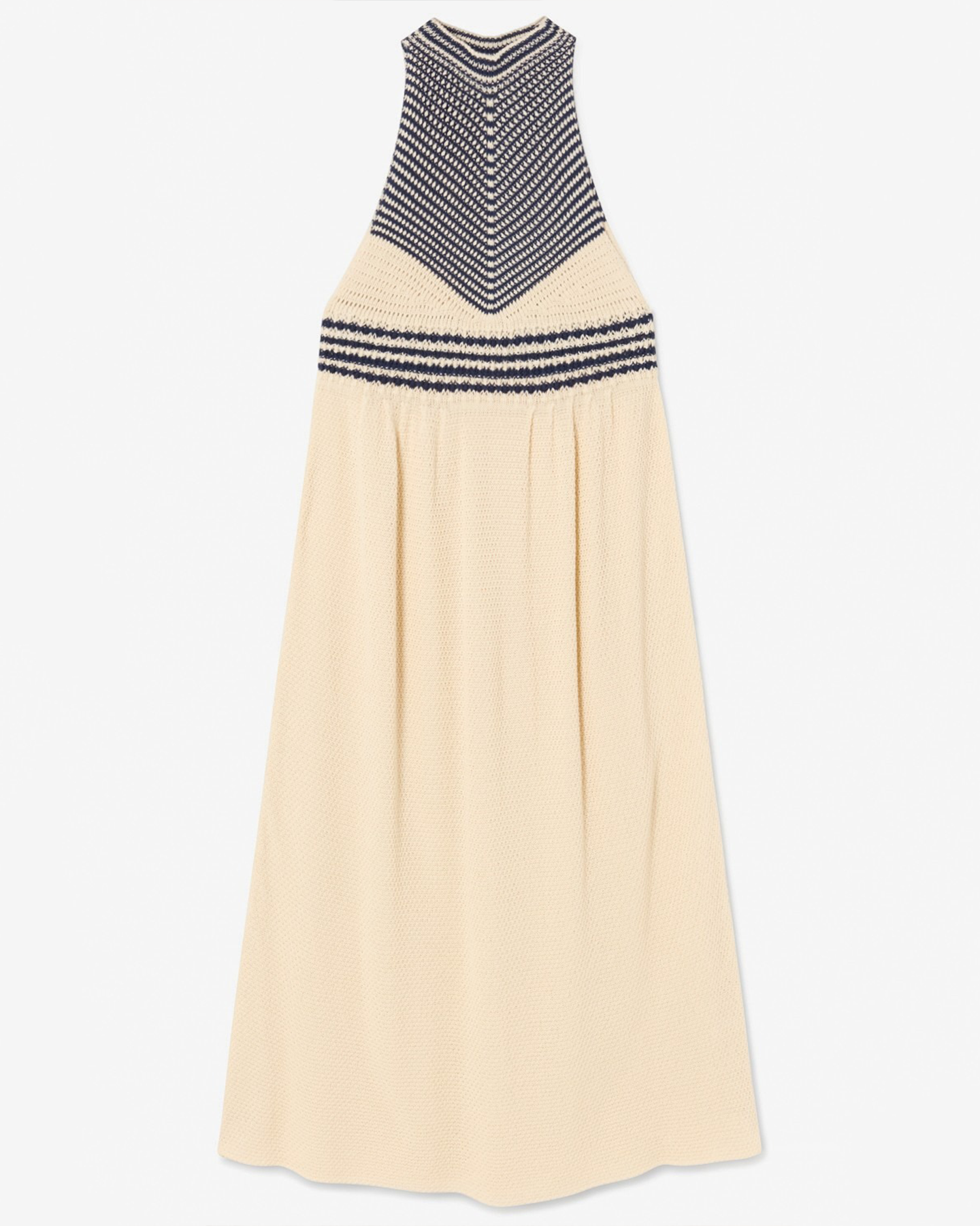 TEXTURED HALTER DRESS WITH NAVY PIPING - ECRU