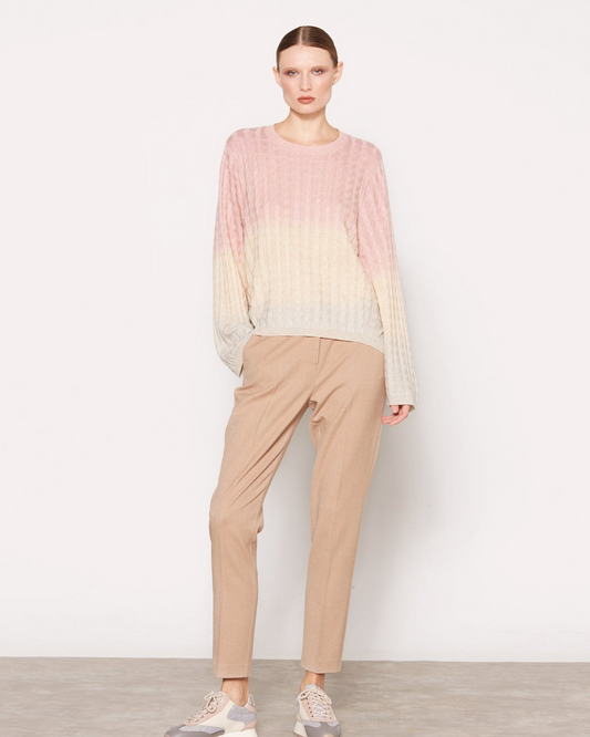 CABLE KNIT OMBRE ROUND NECK SWEATER - IVORY/BLUSH