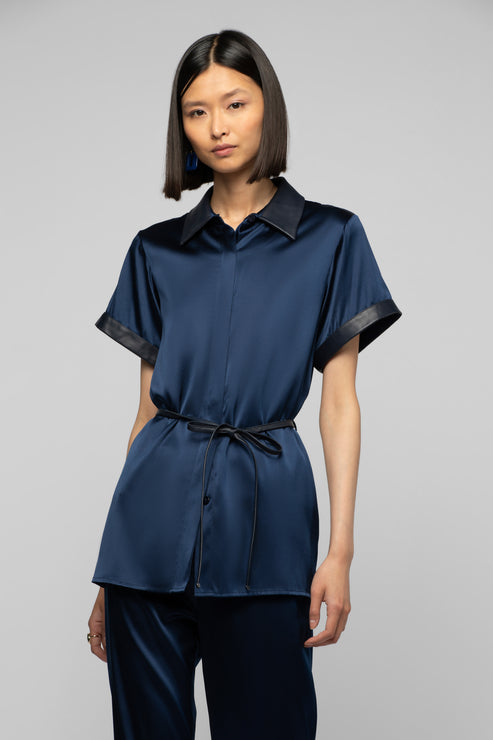 LANGELIKA SILK TOP WITH LEATHER DETAIL - MARINE