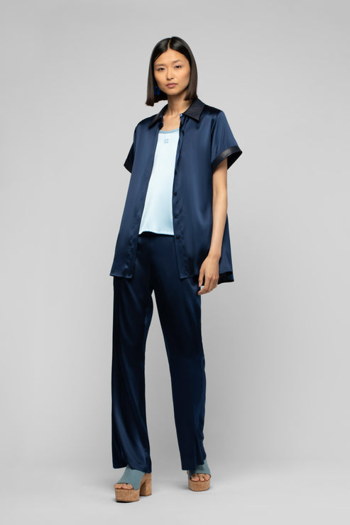 LANGELIKA SILK TOP WITH LEATHER DETAIL - MARINE