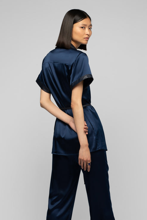 LANGELIKA SILK TOP WITH LEATHER DETAIL - MARINE