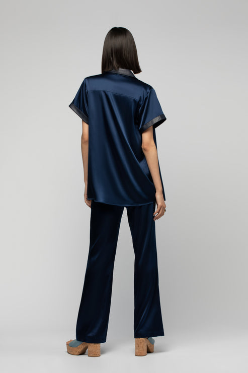 LANGELIKA SILK TOP WITH LEATHER DETAIL - MARINE