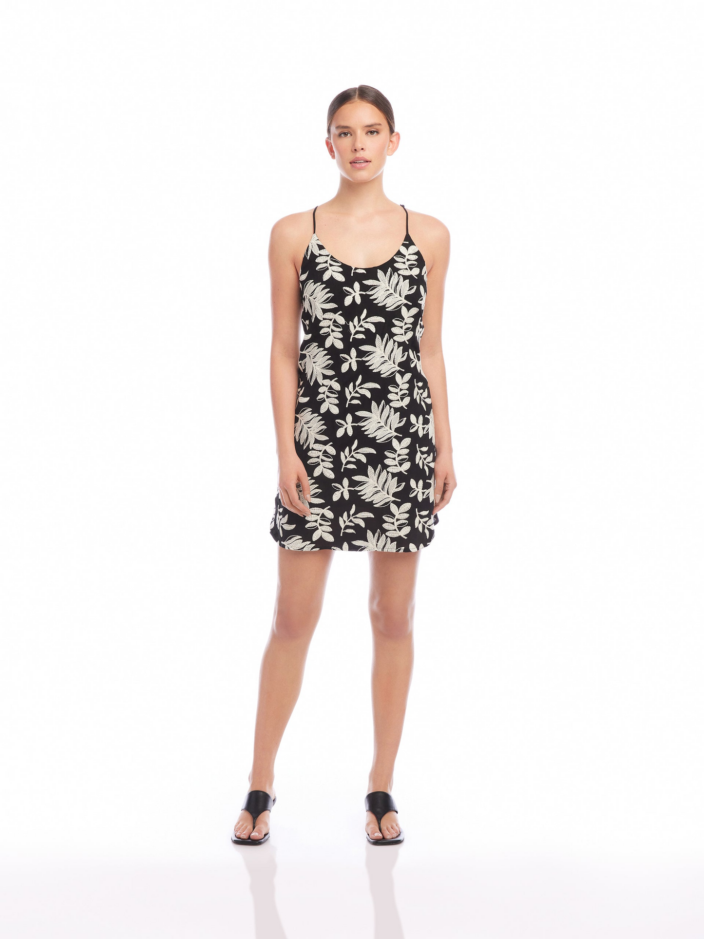WINNIE EMBROIDERED LEAF CRINKLE MINI DRESS - BLACK