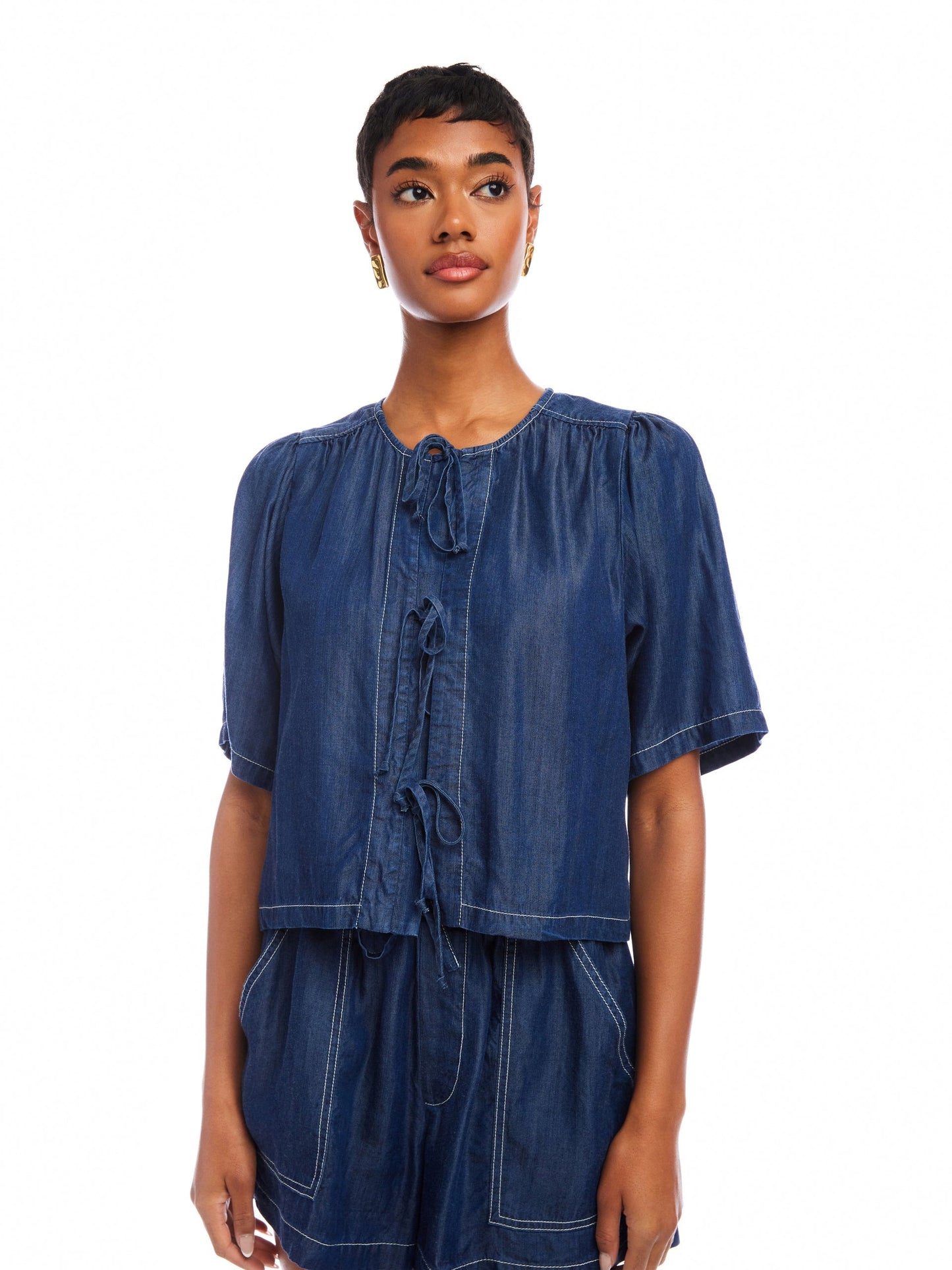 NADINE WASHED DOWN TENCEL BOW DETAIL TOP - INDIGO