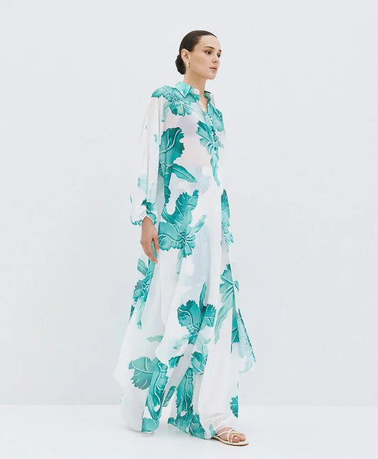WHITE AND GREEN PRINTED LONG SEMI SHEER SHIRT