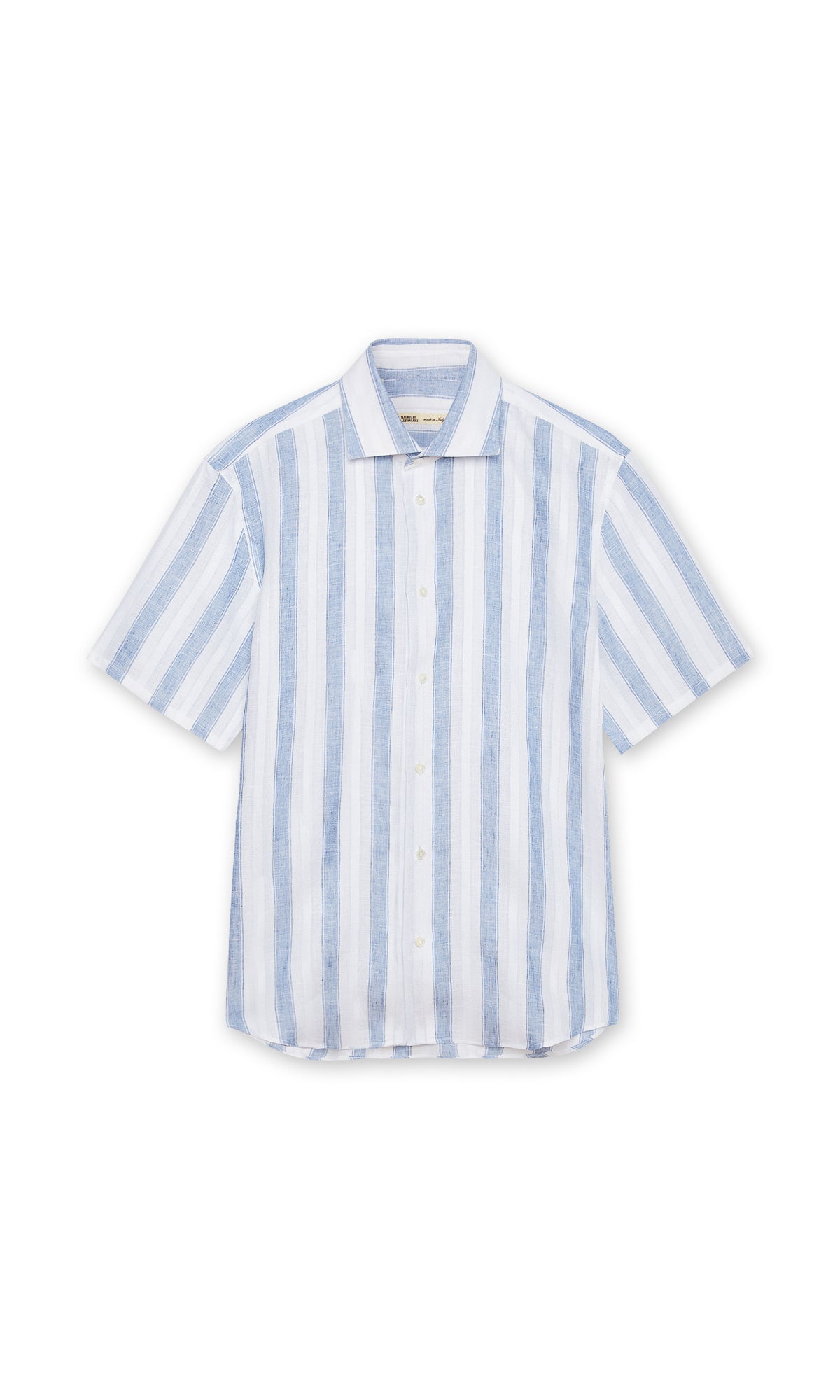 BLUE AND WHITE EMBROIDERED AWNING STRIPE LINEN SHIRT