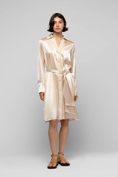 RAESA SILK SHIRT DRESS WITH LEATHER DETAIL