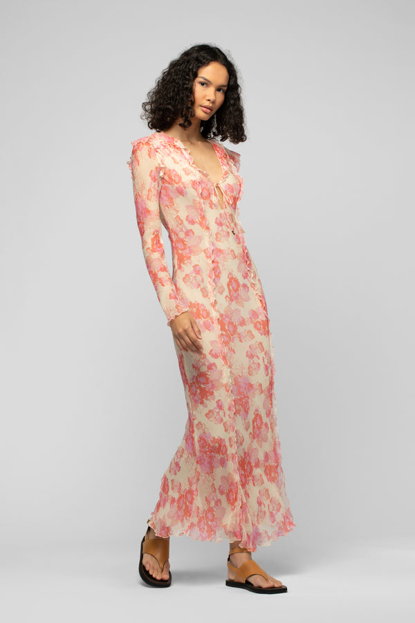 RAZIA LONG FLOWER PRINT DRESS WITH RUFFLES - CORAL
