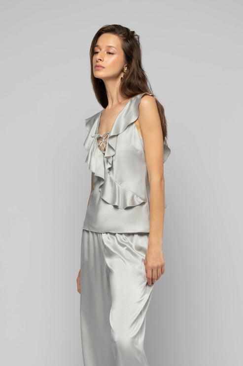 TANTOINETTE SILK TOP WITH RUFFLES - GREY
