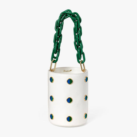 GREENWICH WHITE LEATHER AND BLUE GOOSE FEATHER BUCKET BAG