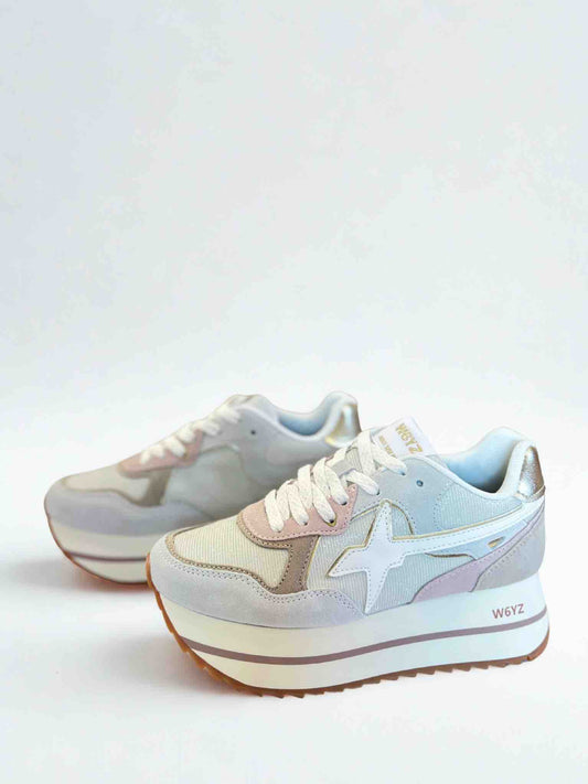 DEVA W. SUEDE METALLIC FABRIC SNEAKER - WHITE/BEIGE/PLATINUM