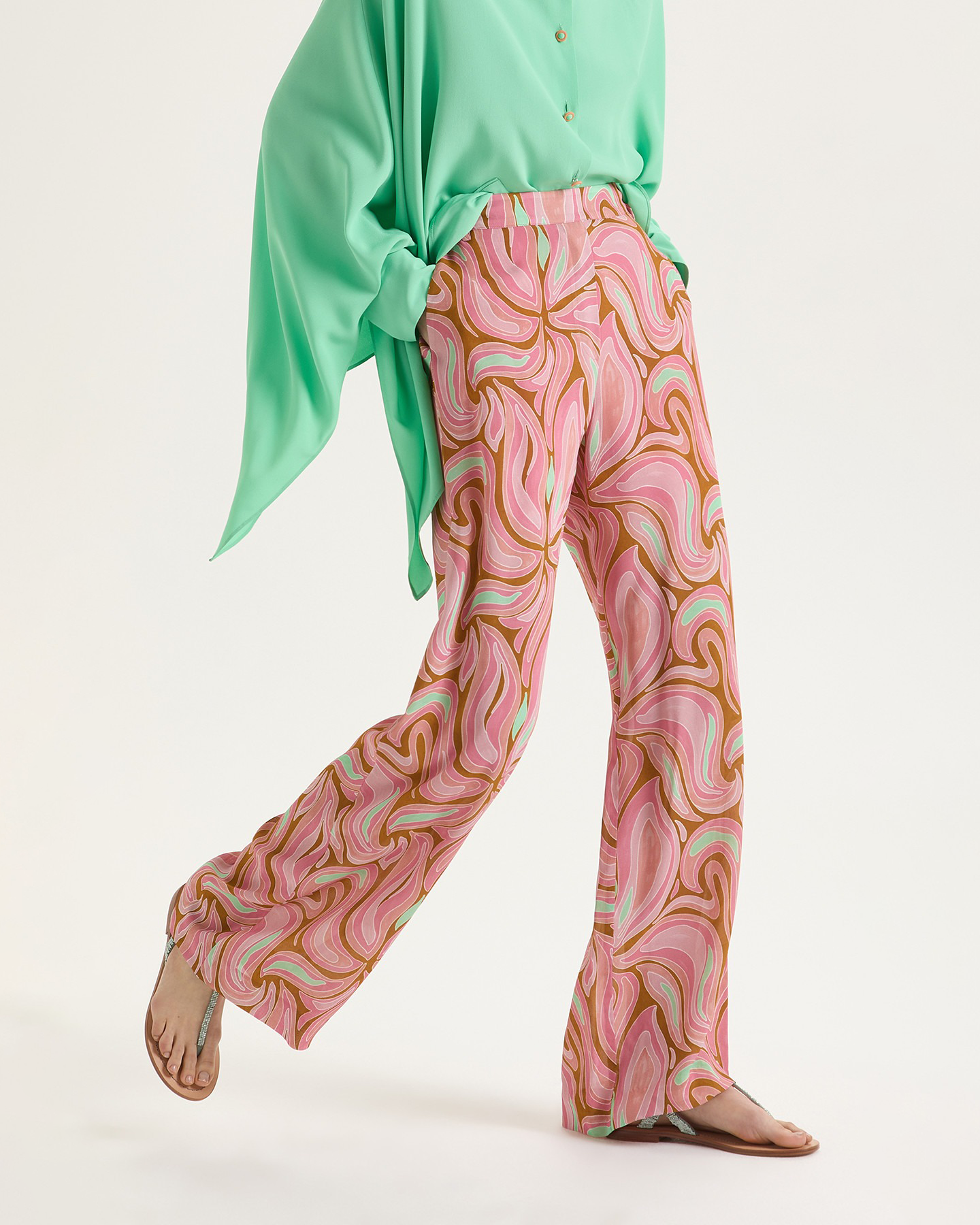 MARBLE GEORGETTE TROUSERS - PINK/BROWN/MINT