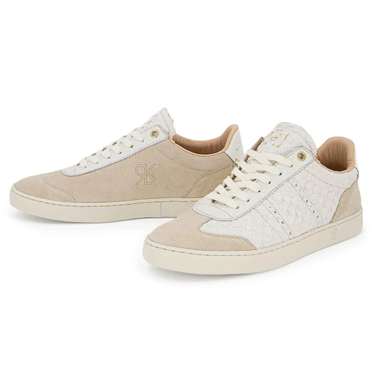 JUDY DO COUTURE WOMEN'S LEATHER SUEDE AND LACE  SNEAKER - WHITE/BEIGE