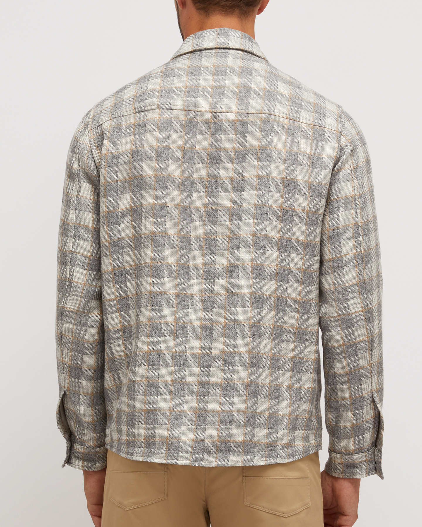 CLASSIC SILK BLEND PLAID OVERSHIRT WITH POCKETS - ALUMINIUM TAUPE