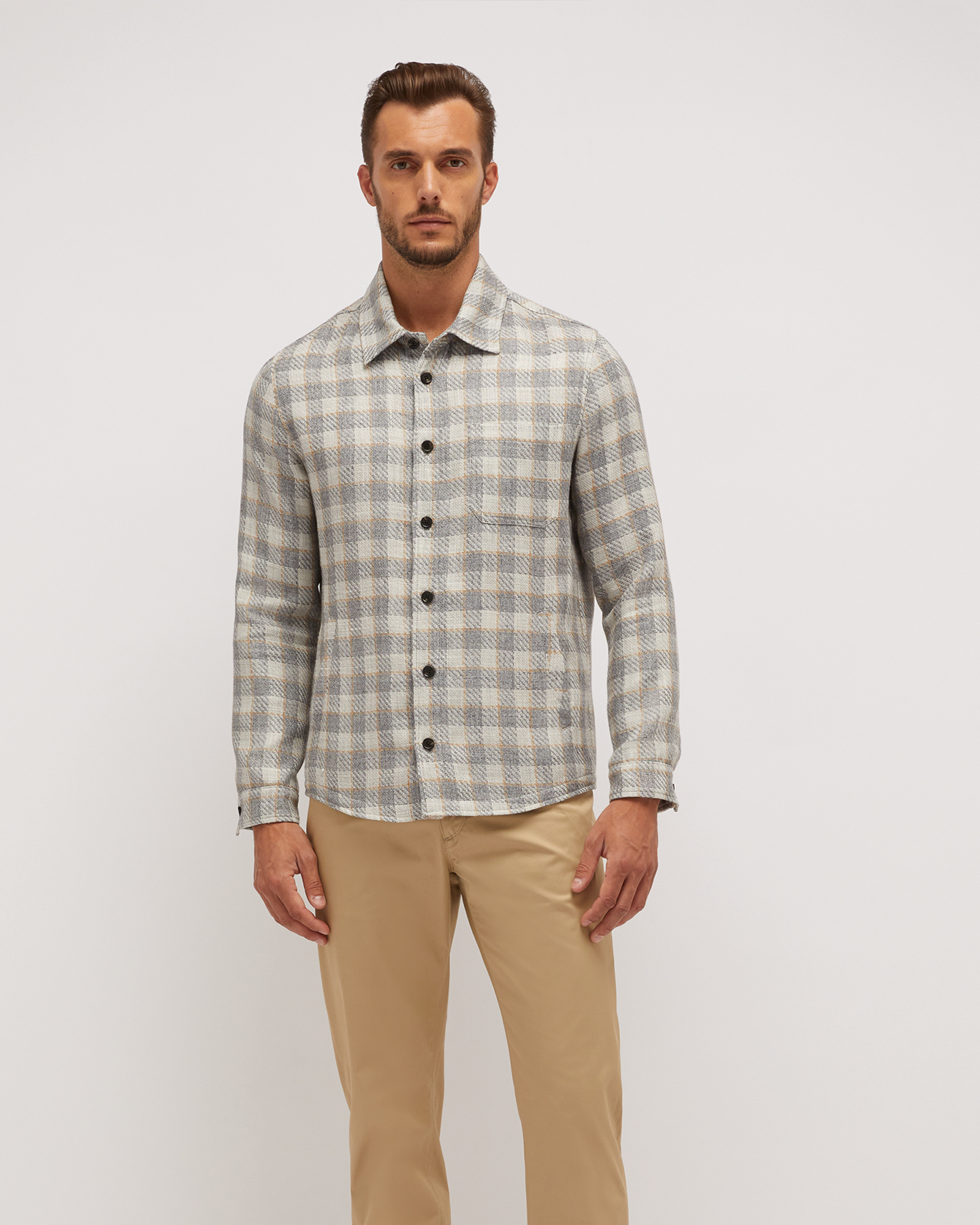 CLASSIC SILK BLEND PLAID OVERSHIRT WITH POCKETS - ALUMINIUM TAUPE