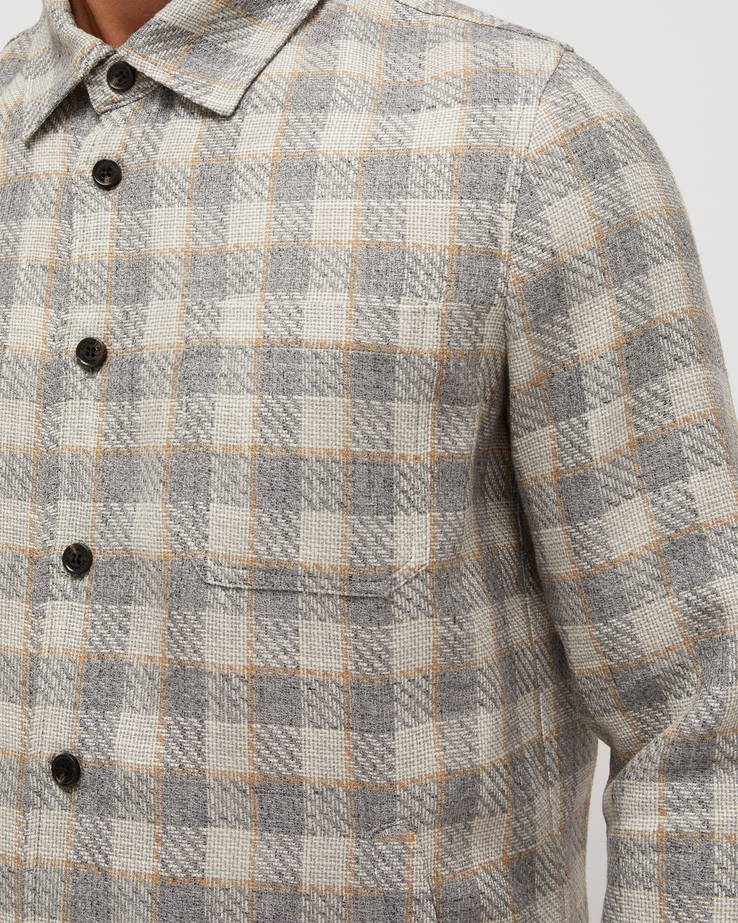 CLASSIC SILK BLEND PLAID OVERSHIRT WITH POCKETS - ALUMINIUM TAUPE