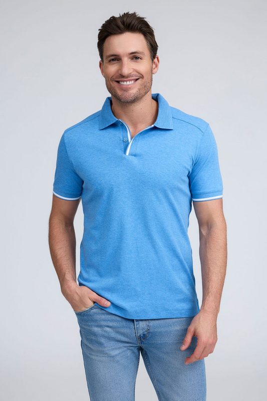 PURE AQUA COTTON RIB TRIM POLO - BLUE
