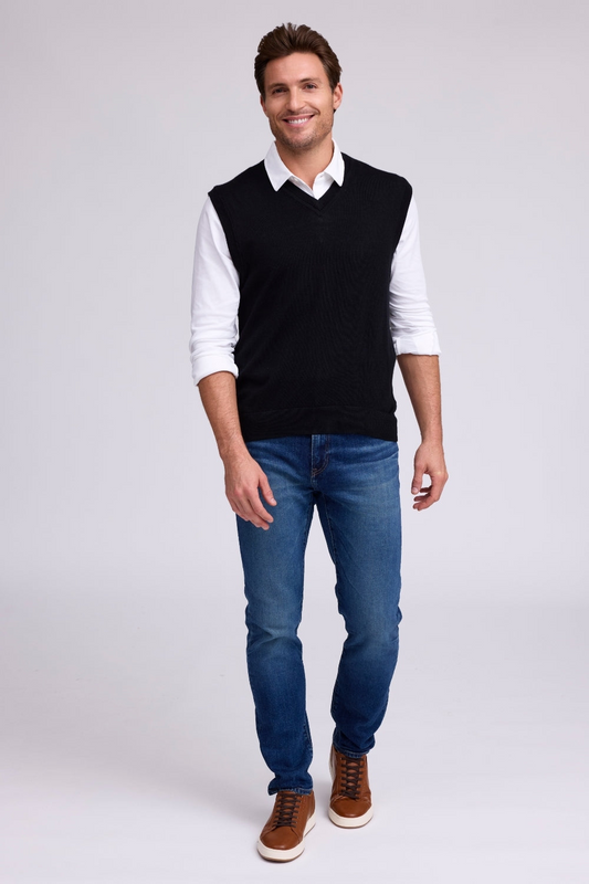 EXTRAFINE MERINO V-NECK VEST - BLACK