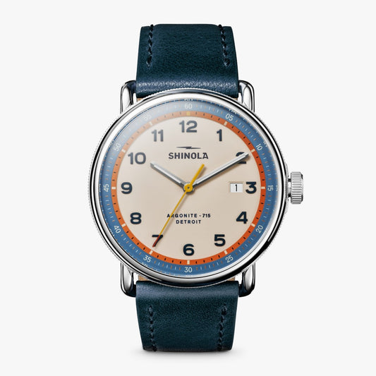 CANFIELD C56 43MM WATCH WITH CREAM FACE AND DARK NAVY LEATHER STRAP
