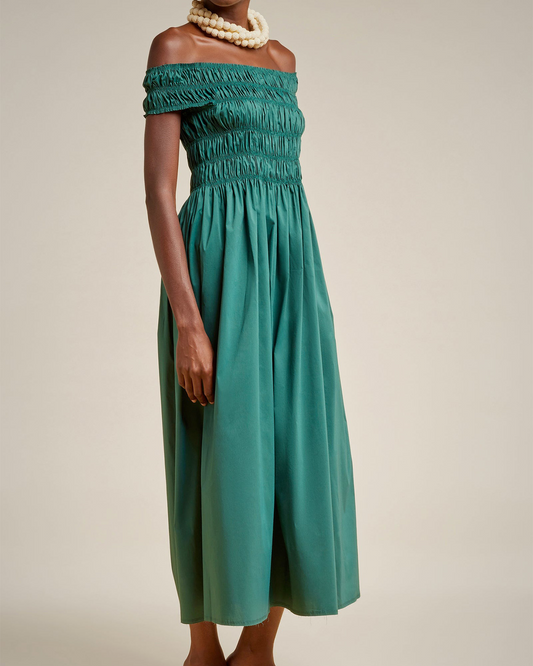 OFF THE SHOULDER DRESS WITH GATHERED BODICE - FOREST GREEN