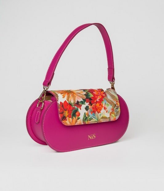 FLORA MEDIUM BAGUETTE LEATHER BAG - FUCHSIA/FLORAL