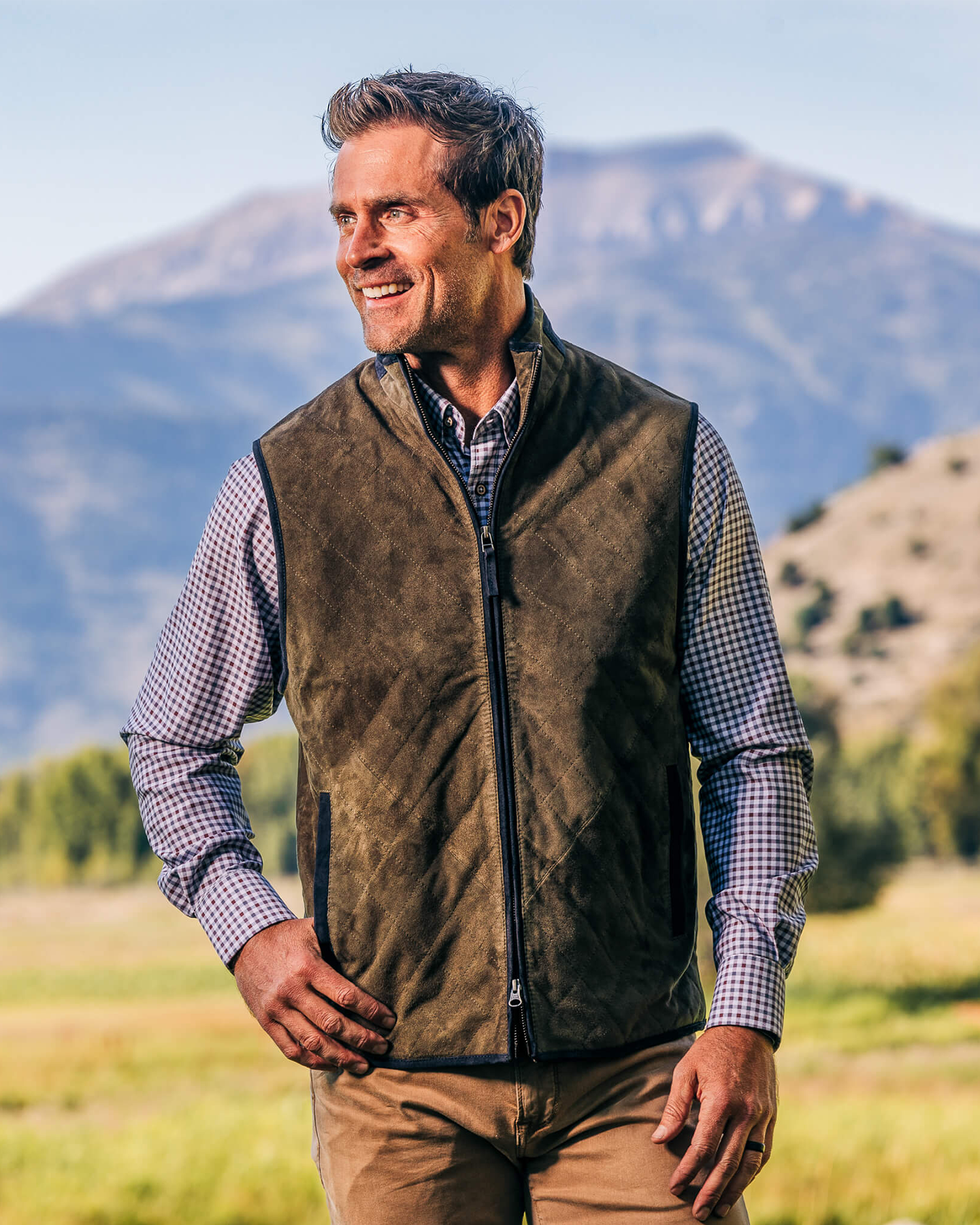 RIDGELAND QUILTED GOAT SUEDE VEST - OLIVE – TJ Bailey's RIDGELAND QUILTED GOAT SUEDE VEST - OLIVE – TJ Bailey's