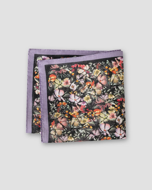 BLACK MULTI FLORAL PRINT LINEN POCKET SQUARE