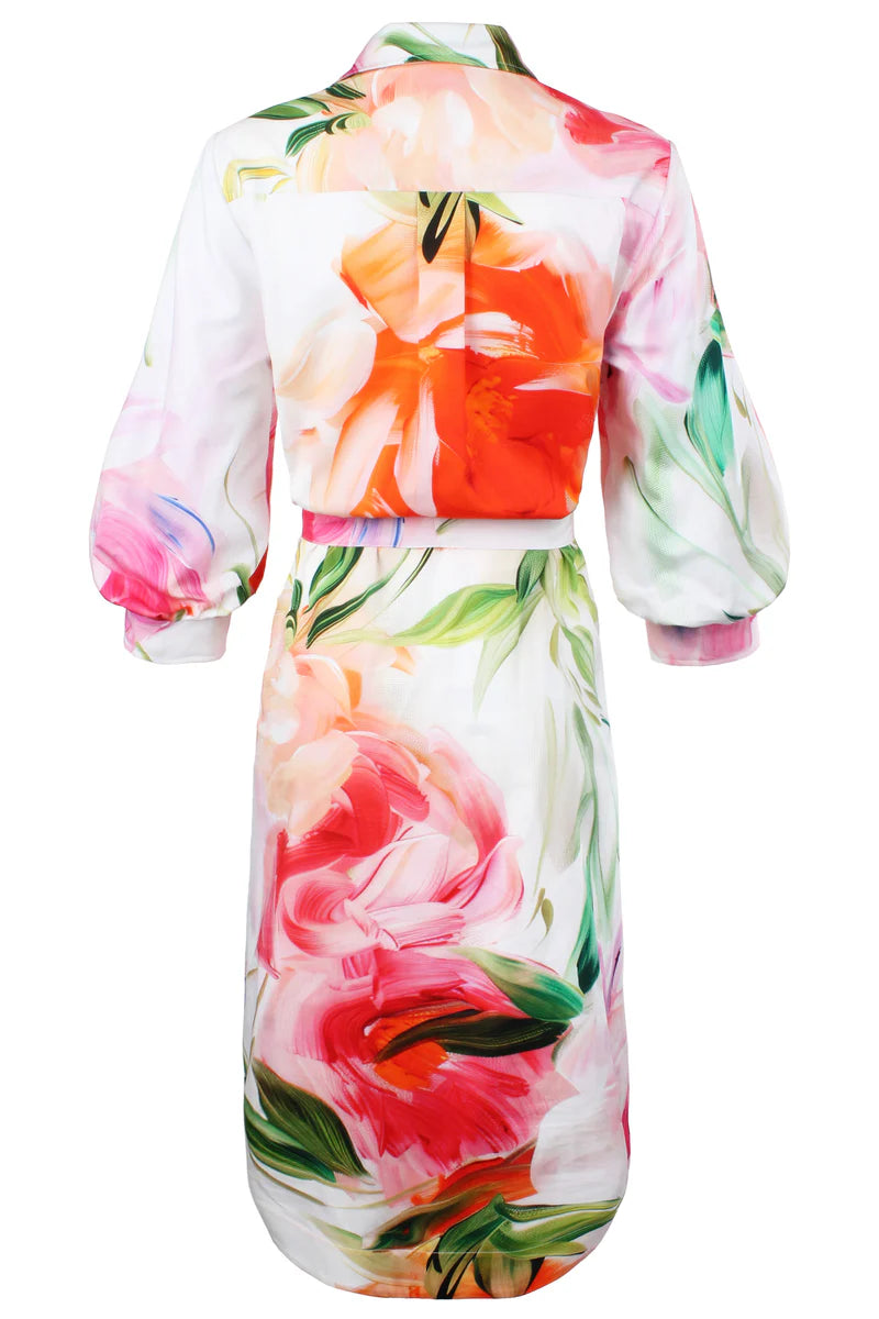 MIDI CLEMENTINE PEONY FLORAL DRESS - ORANGE/PINK
