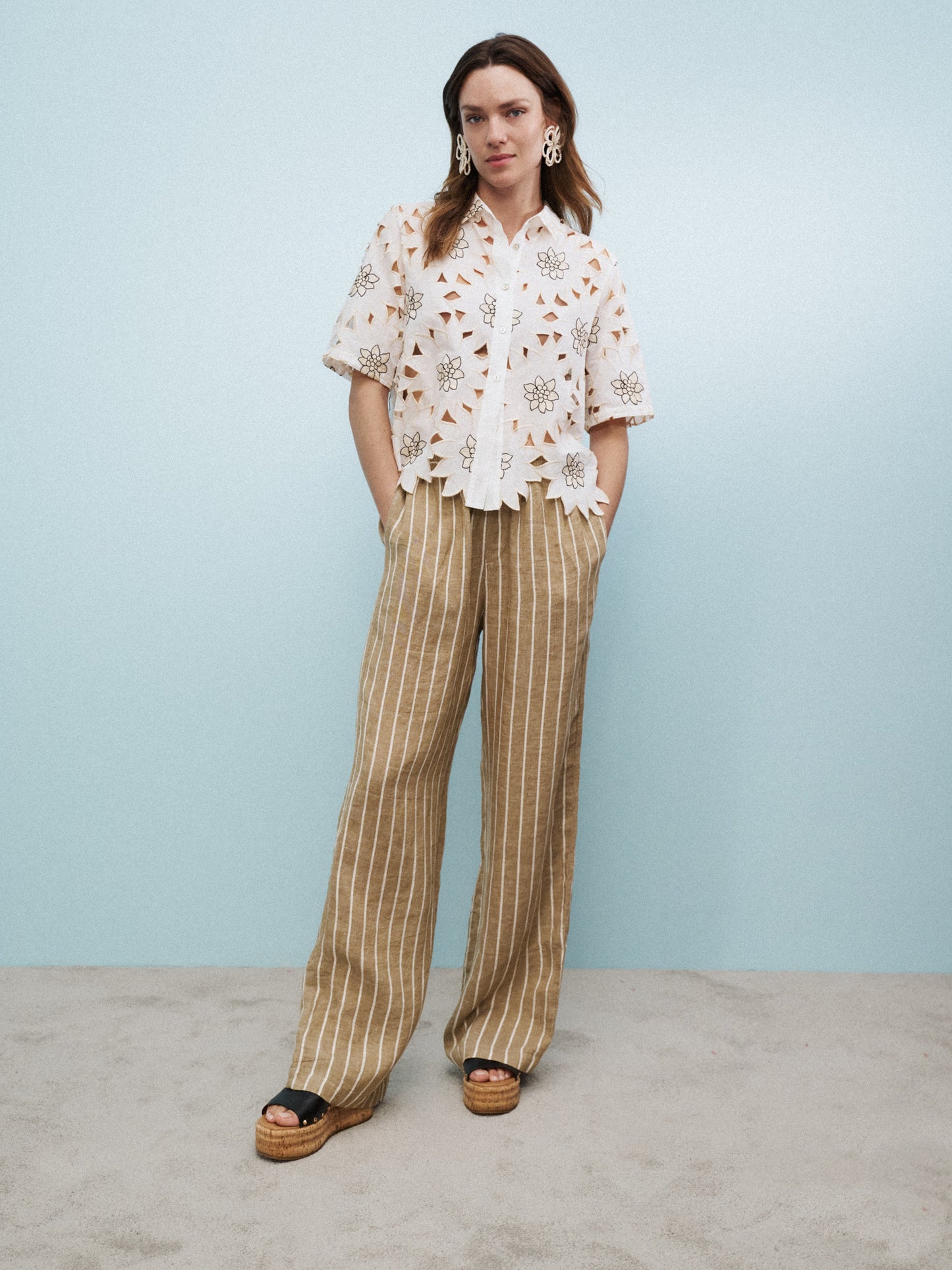 TAMINA BROWN LINEN PANTS -  CREAM/GOLD GLITTER STRIPE
