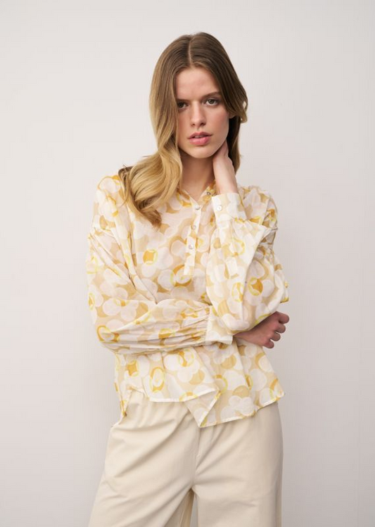 ANNIKA YELLOW PRINTED COTTON BLOUSE WITH BALOON SLEEVES
