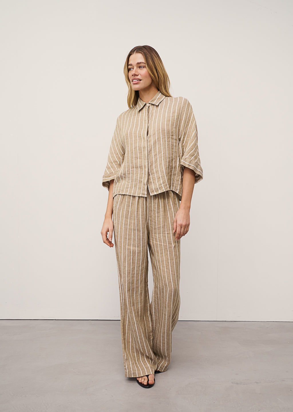 TAMINA BROWN LINEN PANTS -  CREAM/GOLD GLITTER STRIPE