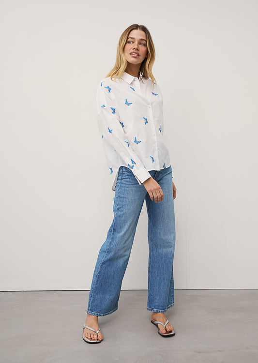 LUCY WHITE COTTON EMBROIDERED BLUE BUTTERFLY BLOUSE