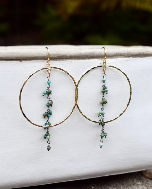 HAMMERED GOLD FILLED HOOP & FACETED TURQUOISE EARRINGS