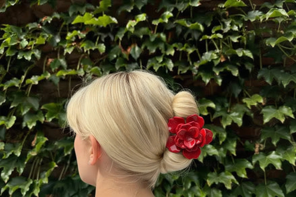 HAND PAINTED ORIGAMI GARDENIA FLOWER HAIR CLIP-RED