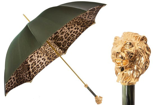PASOTTI LEOPARD HEAD HANDLE LONG UMBRELLA - GREEN LEOPARD PRINT