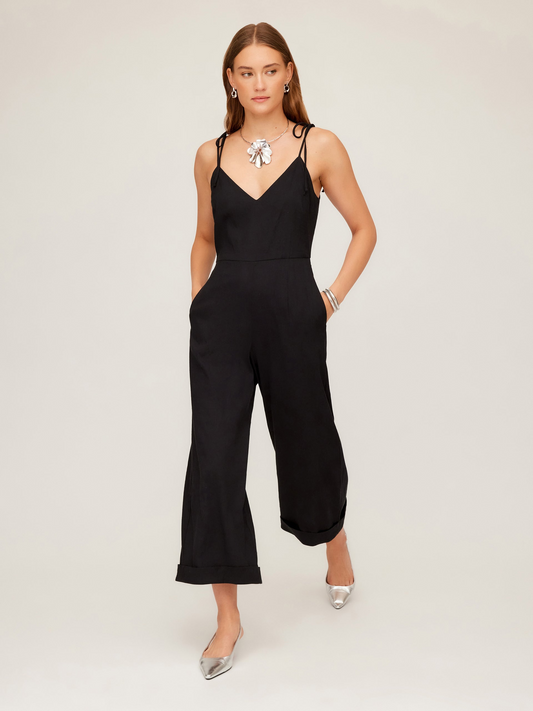 DANA STRETCH LINEN CROPPED JUMPSUIT - BLACK