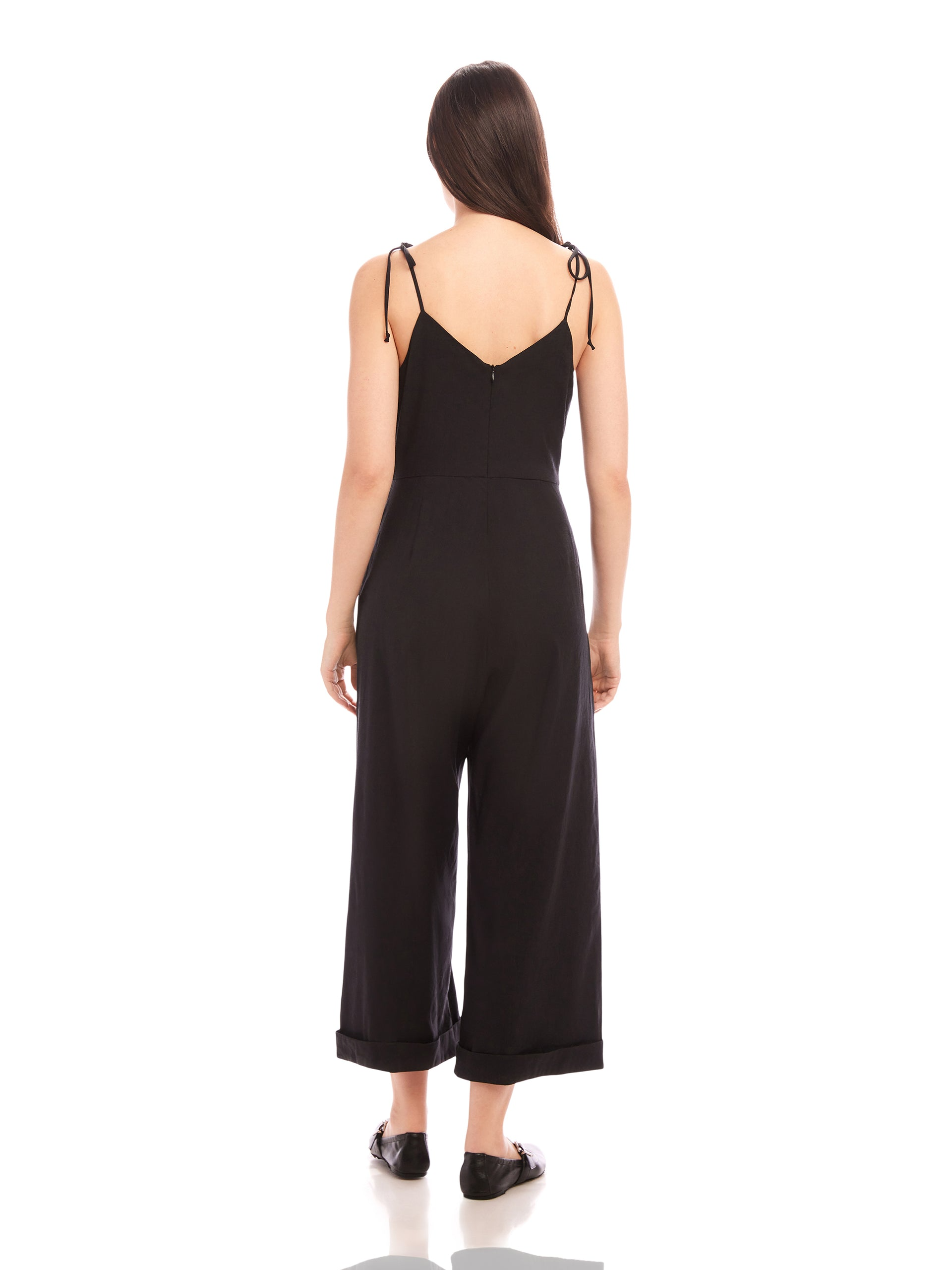 DANA STRETCH LINEN CROPPED JUMPSUIT - BLACK