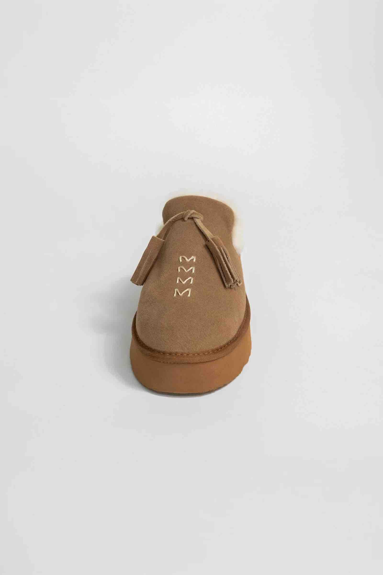 ANITA SUEDE AND SHEEPSKIN MULES WITH POM-POMS - CAMEL