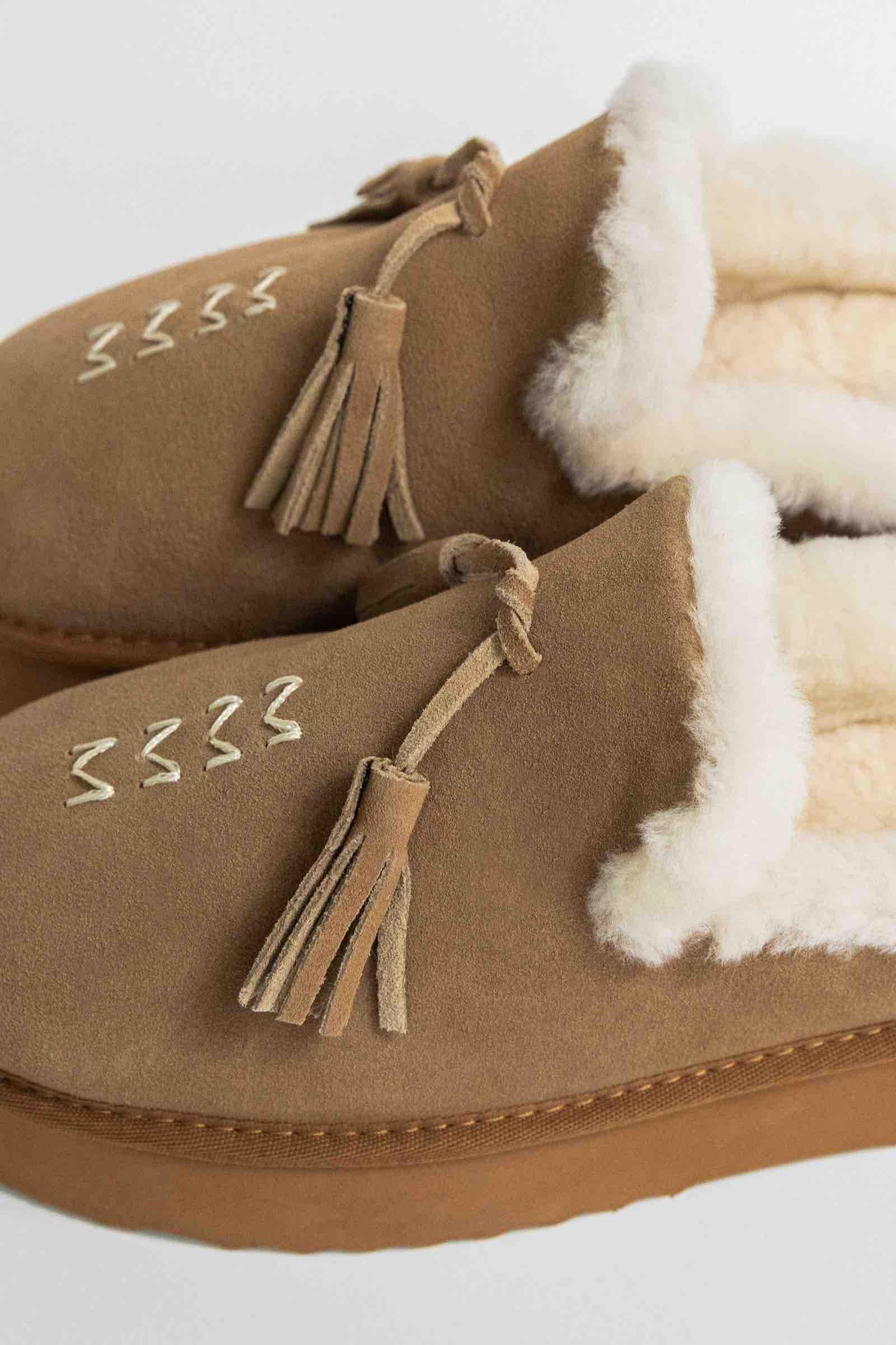 ANITA SUEDE AND SHEEPSKIN MULES WITH POM-POMS - CAMEL