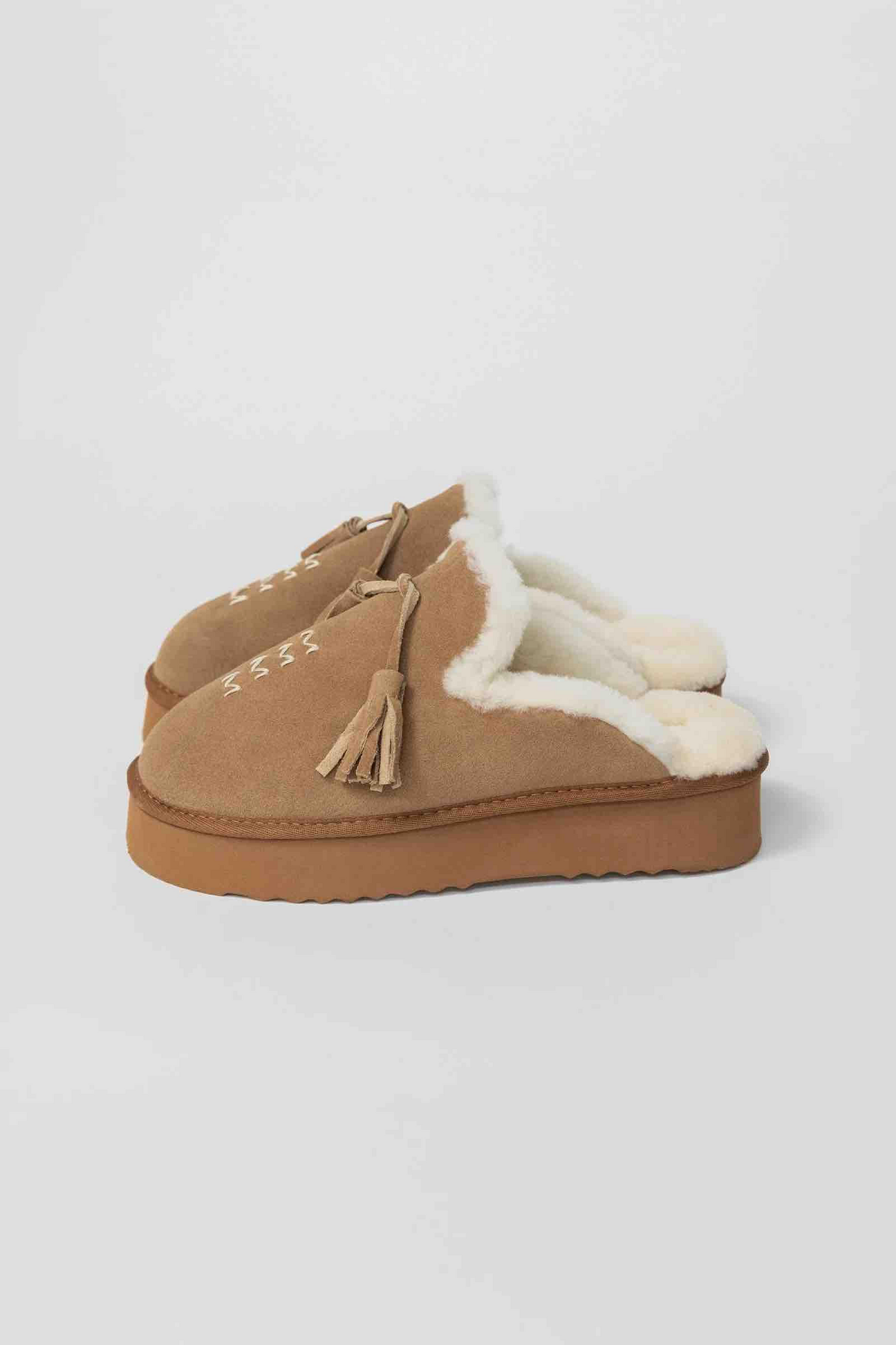 ANITA SUEDE AND SHEEPSKIN MULES WITH POM-POMS - CAMEL
