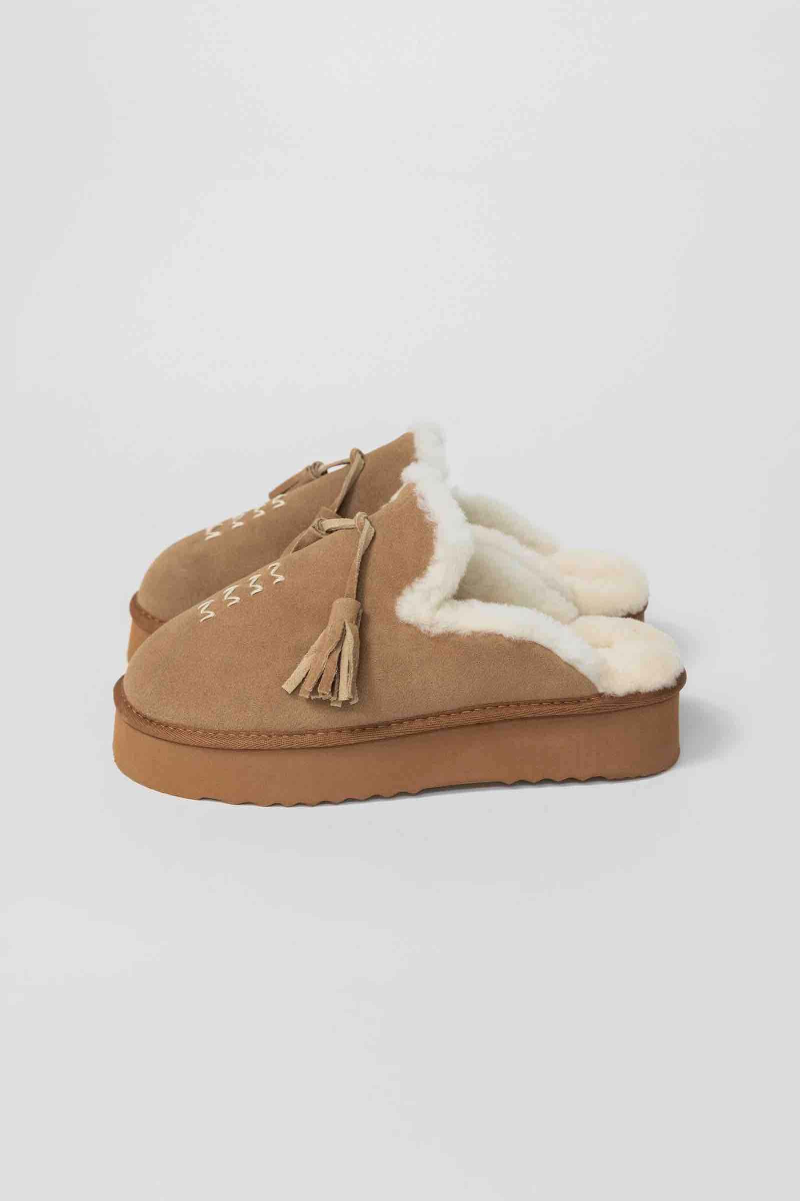 ANITA SUEDE AND SHEEPSKIN MULES WITH POM-POMS - CAMEL