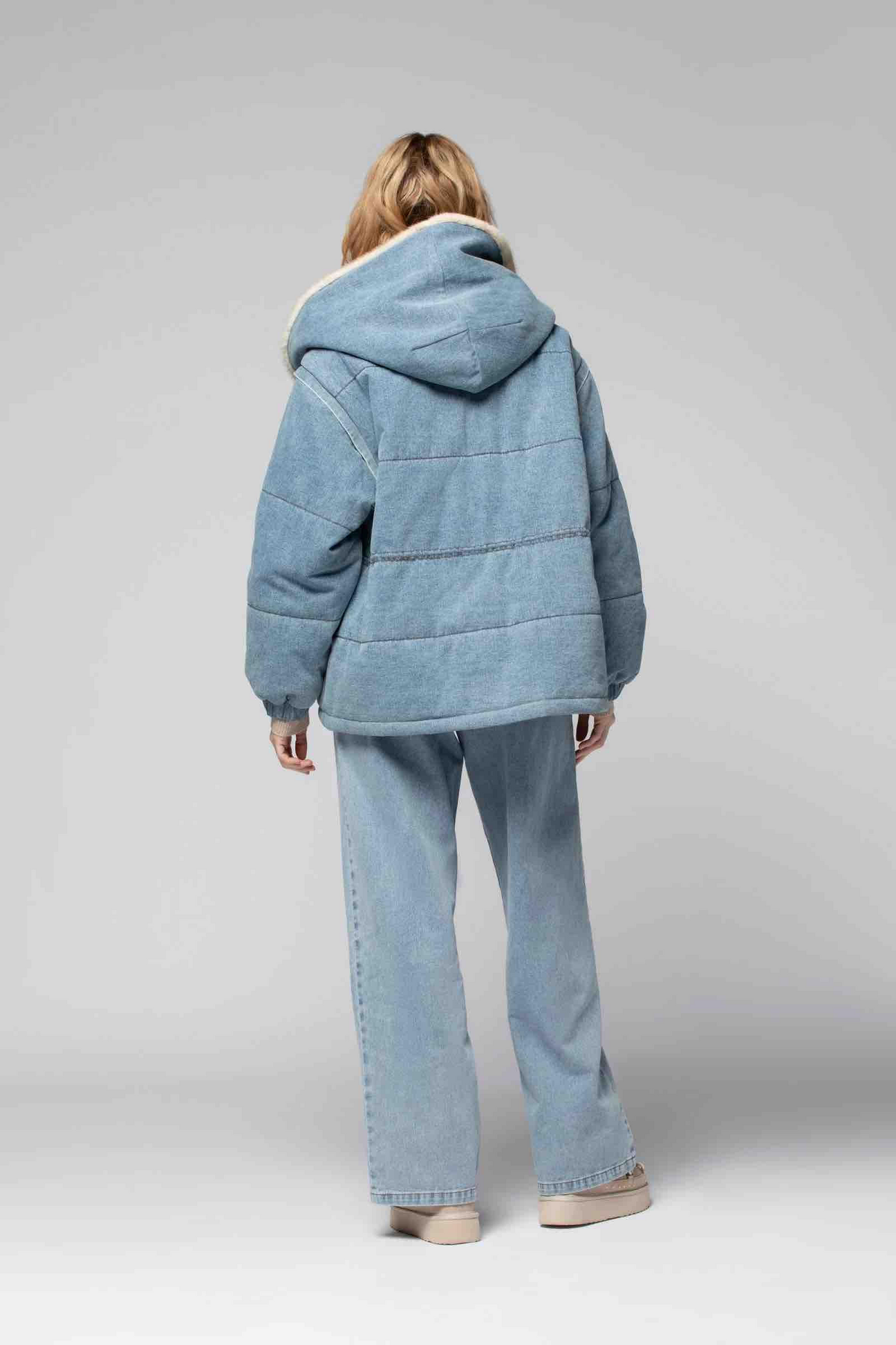 DEVA DENIM JACKET WITH FAUX MINK LINING - DENIM SKY