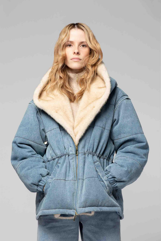 DEVA DENIM JACKET WITH FAUX MINK LINING - DENIM SKY