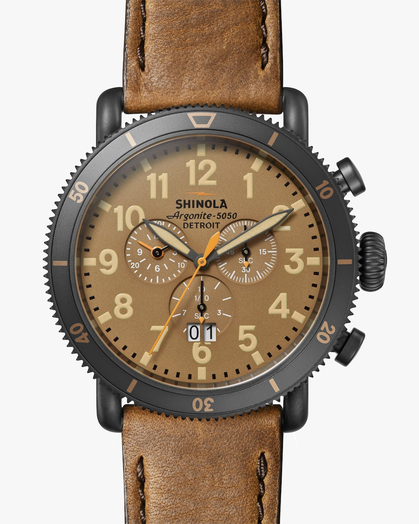 THE RUNWELL SPORT CHRONO 48MM WITH LEATHER STRAP IN DARK CAMEL