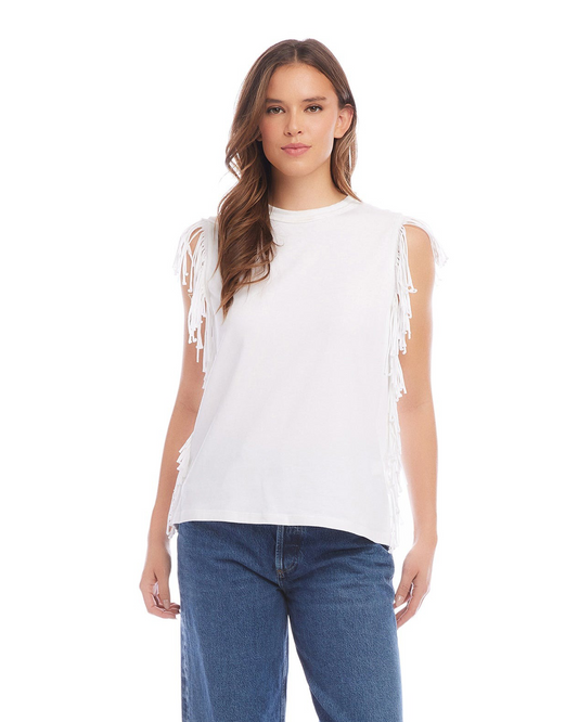COTTON BLEND JERSEY OFF WHITE FRINGE TEE