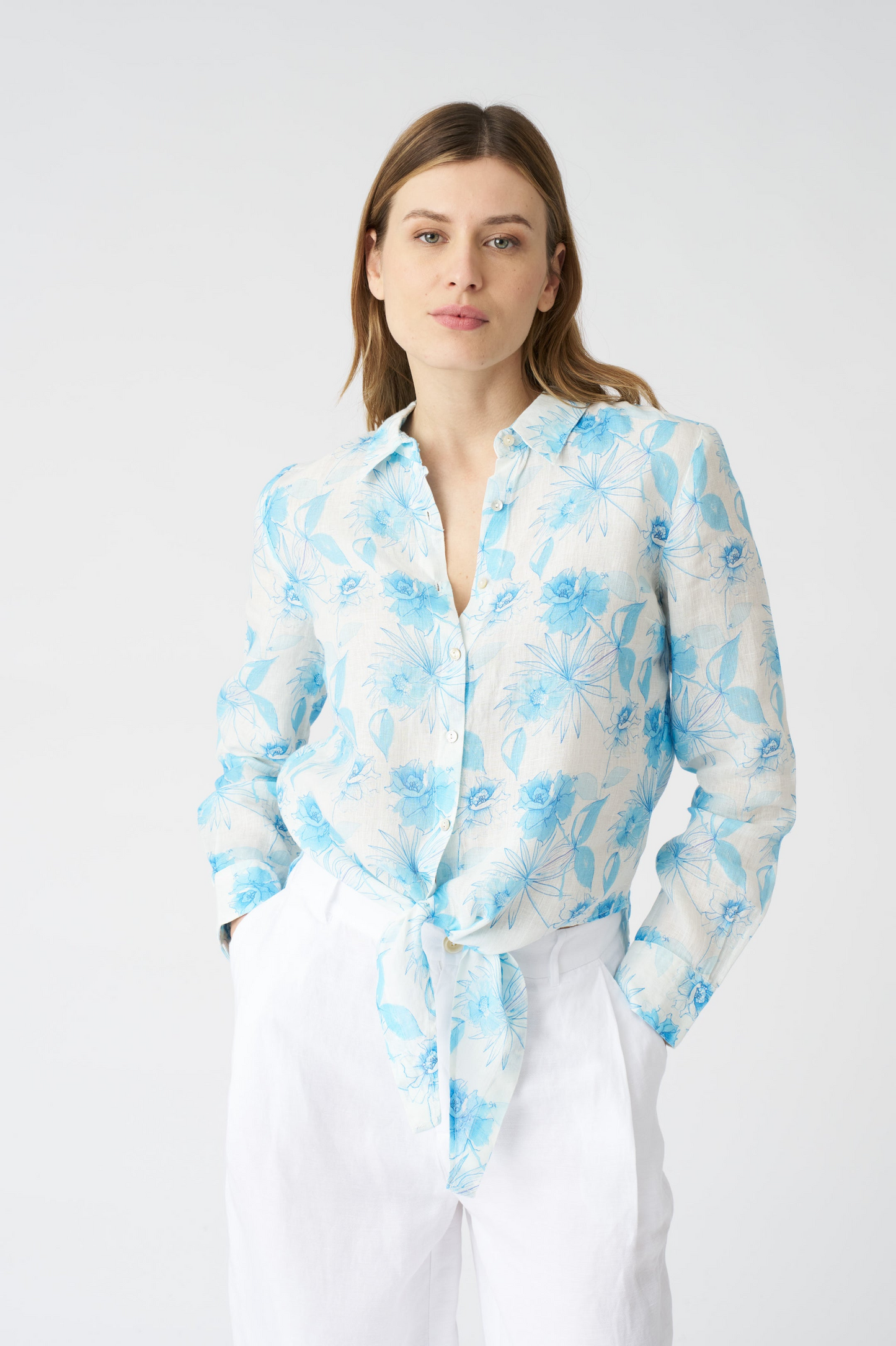 LIGHT BLUE FLOWER PRINT WHITE LINEN BLOUSE