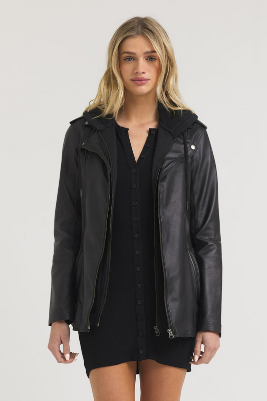 MAXI BURNISHED LEATHER JACKET - BLACK