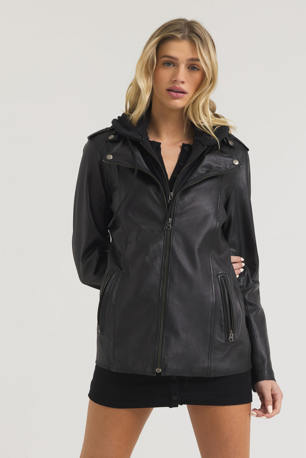 MAXI BURNISHED LEATHER JACKET - BLACK